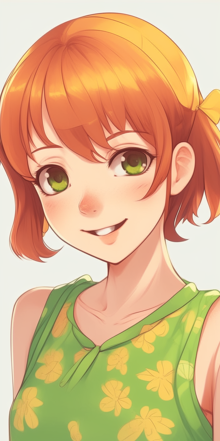 A cute anime-style portrait of a girl with short red hair in a ponytail, green eyes, and wearing a yellow sun dress