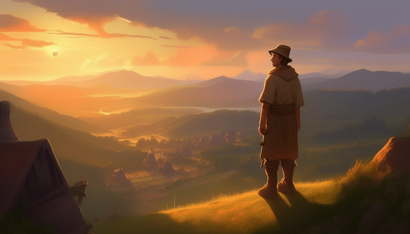 "A once brave explorer stands confidently atop a hill, surveying the village in the valley below as the sun begins to set."