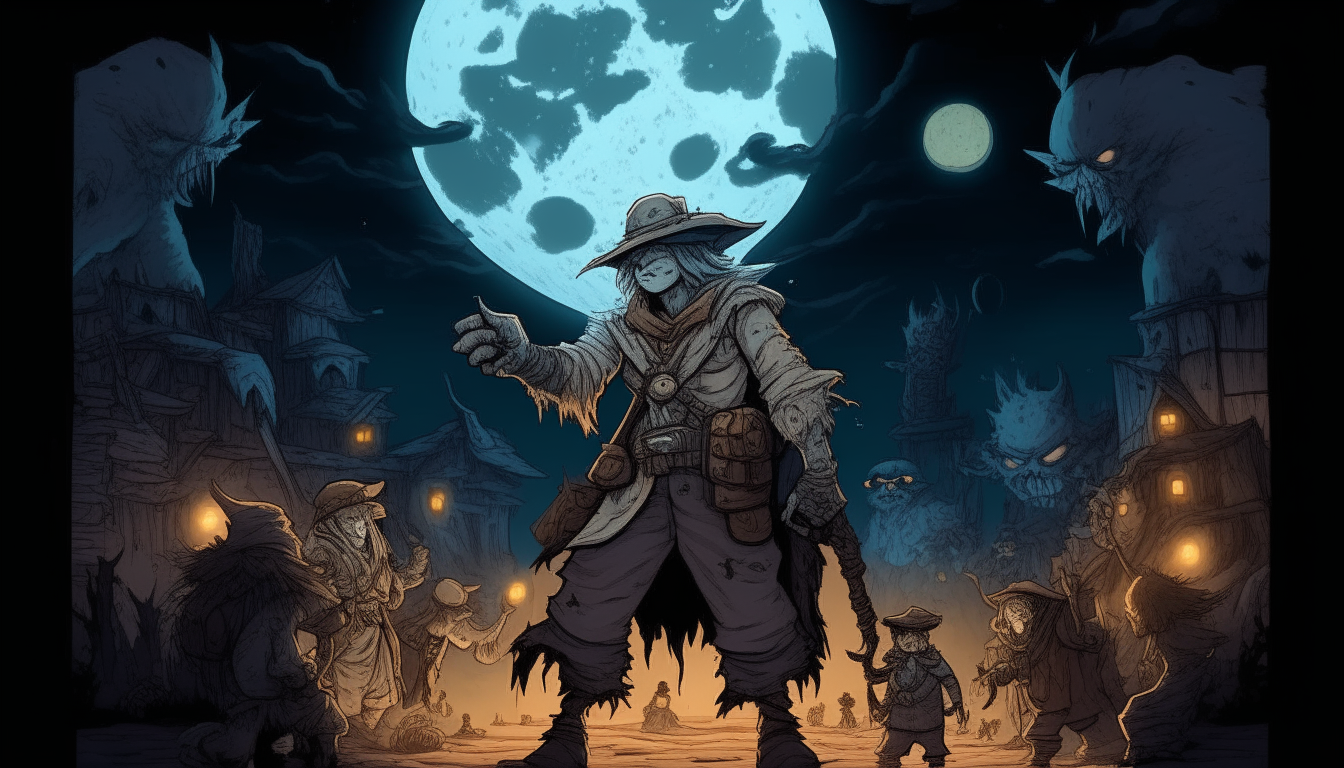 "The transformed explorer is surrounded by malevolent entities as part of the dark forces that now rule the village, illuminated by a full moon."
