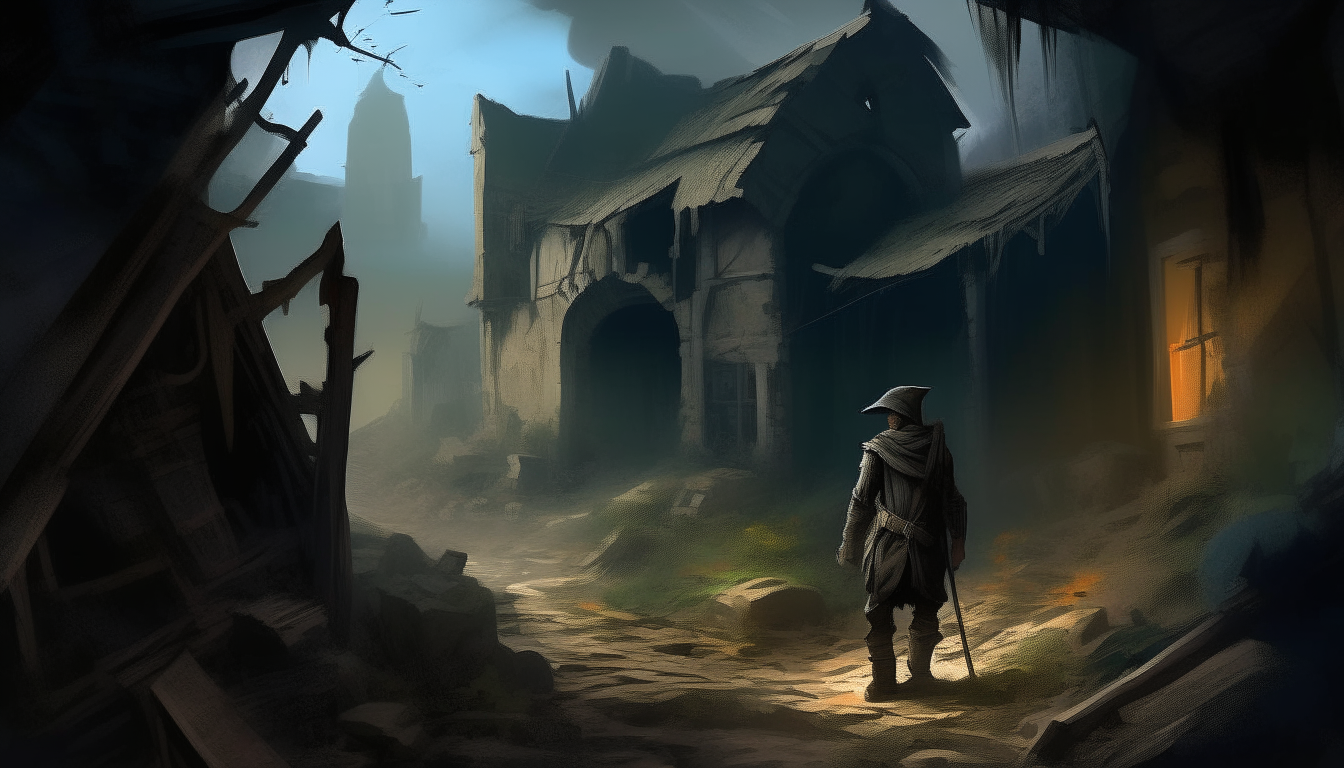 "The explorer has entered the forsaken village under cover of darkness and encounters swirling shadows and glimpses of haunting spirits among the ruins."