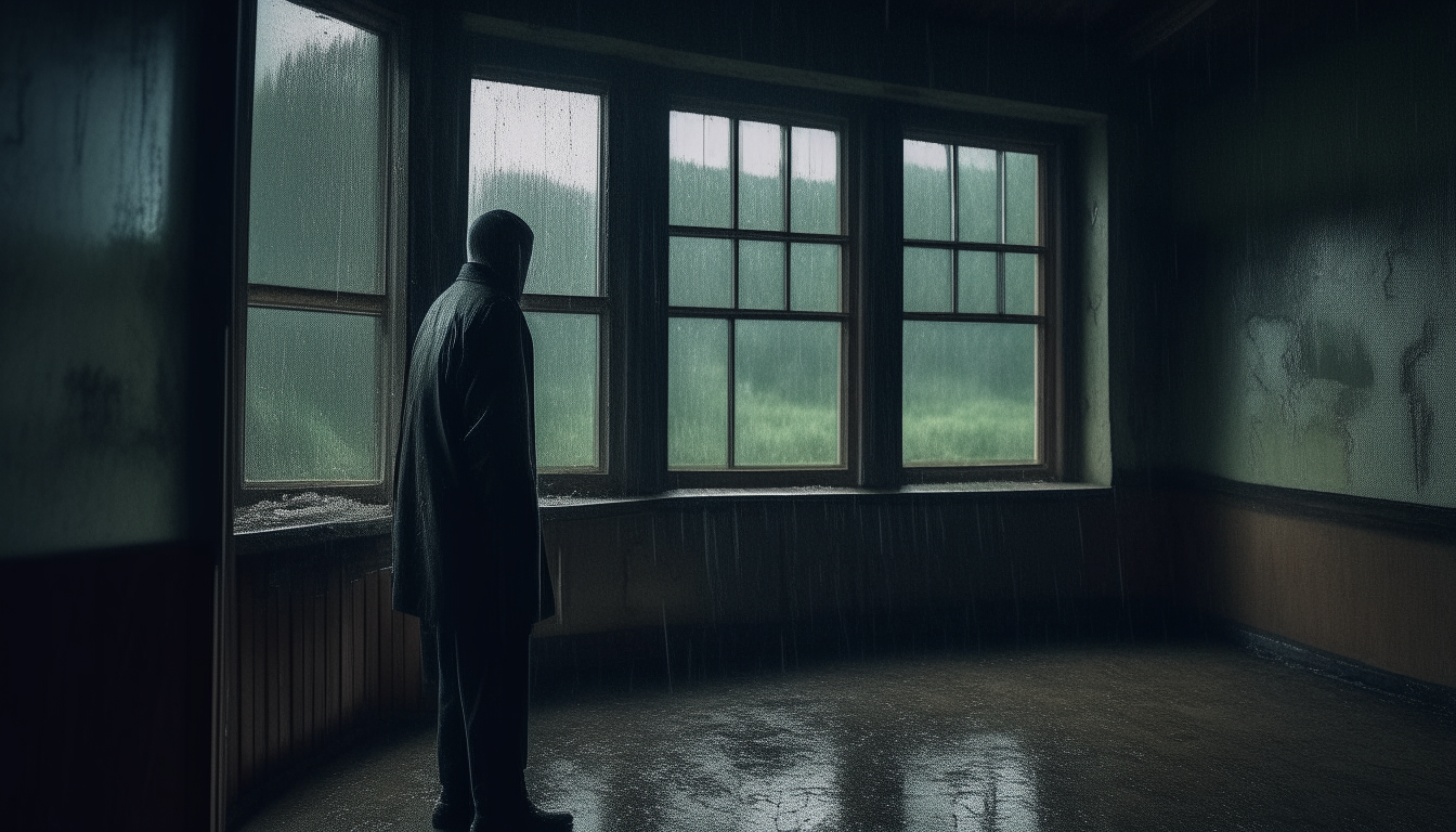 A solitary man stands by a window in an abandoned village, gazing out at the darkness and pouring rain. The street is empty and the buildings are run-down. Heavy rain falls steadily as the man stands motionless, lost in thought.