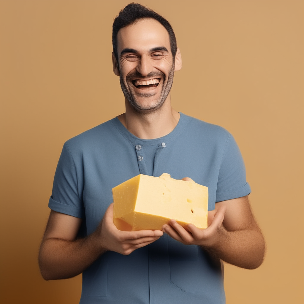a man wearing jeans and a t-shirt, holding a block of cheese and smiling happily