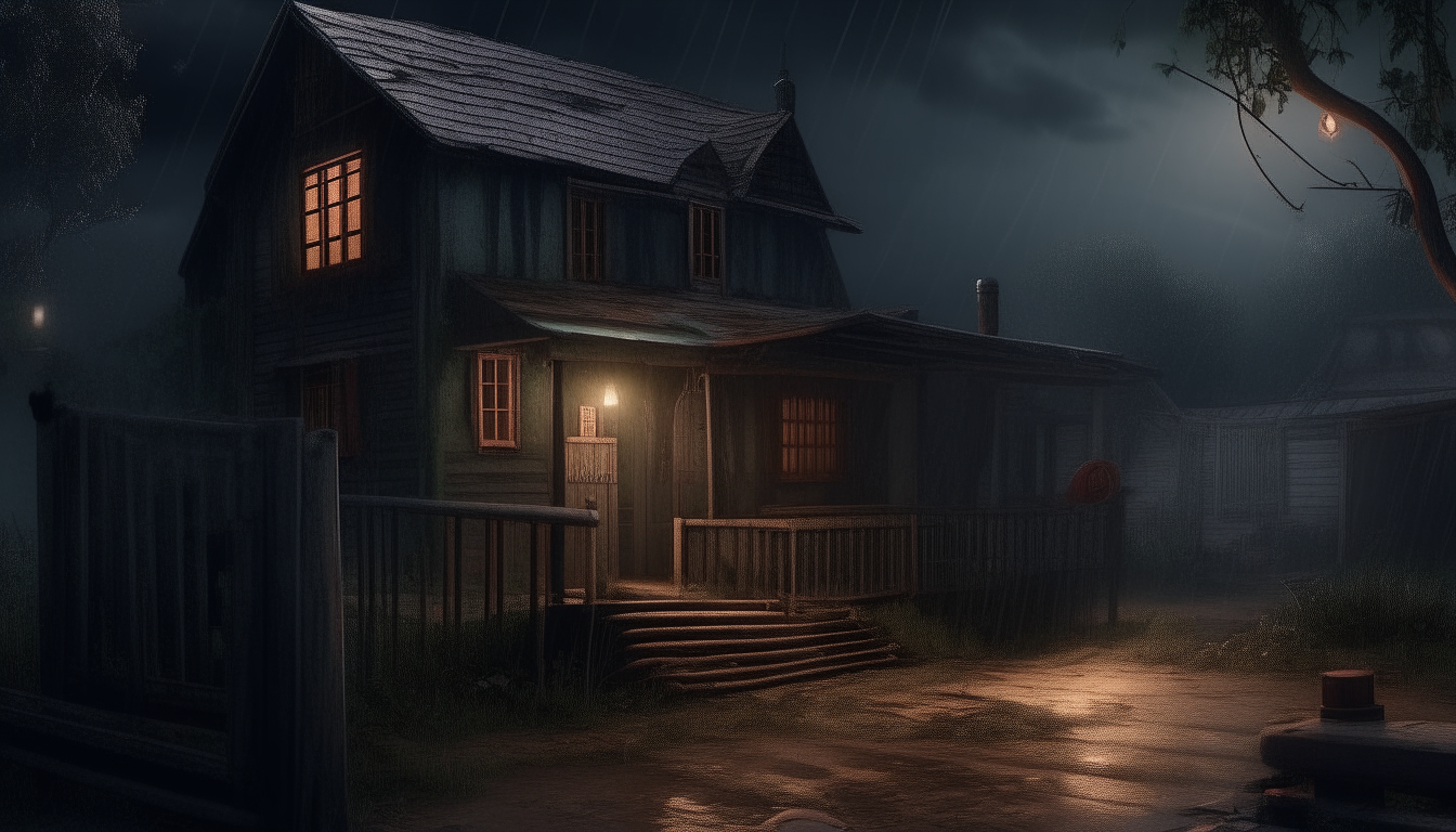 "Illustrate the eerie night in a small village as rain washes against wooden window frames, casting shadows that hint at the looming horror in Sofia's home."