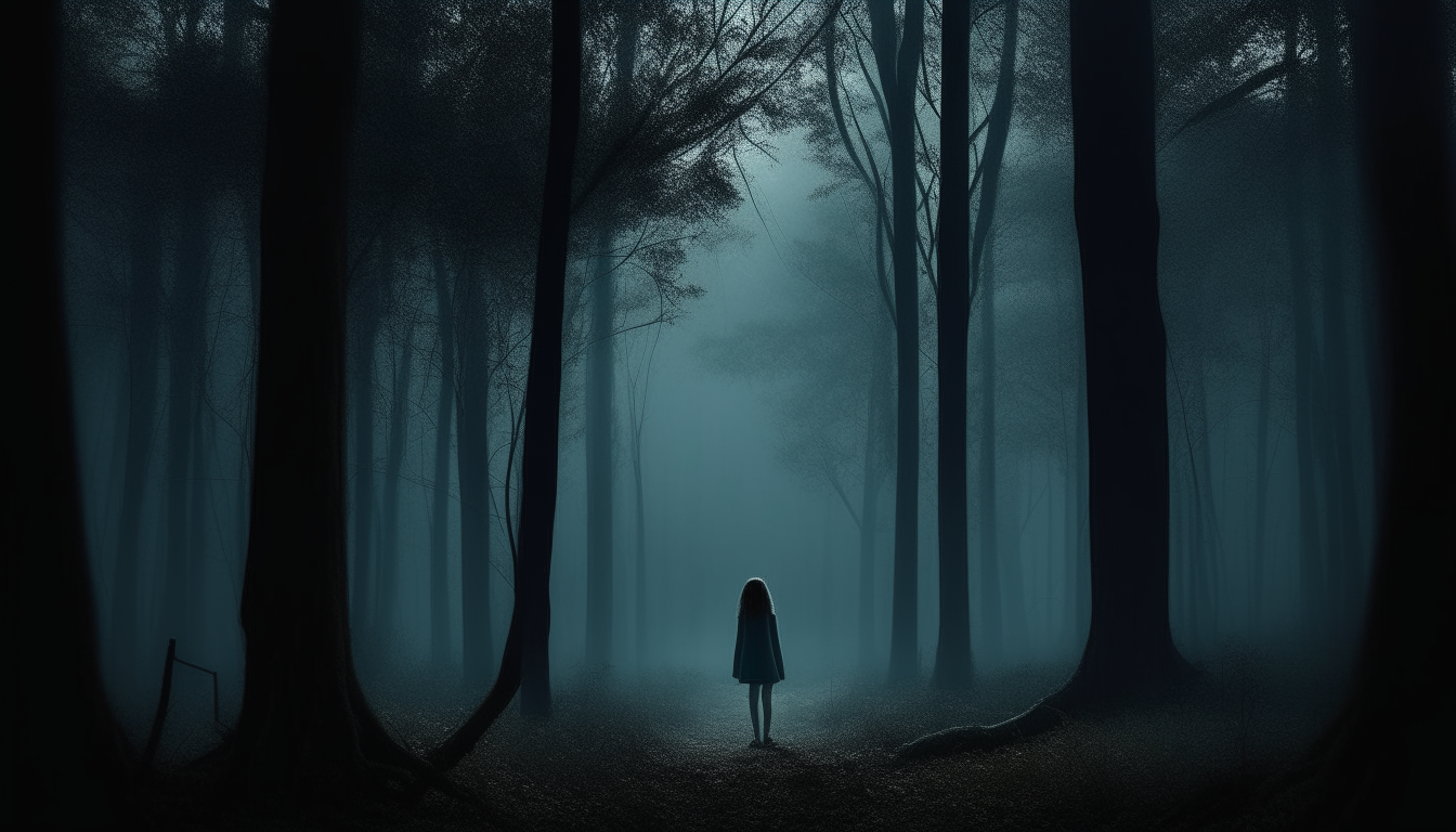 Sofia alone in a dense, dark forest at night, surrounded by tall ominous trees and shrouded in fog and shadows, with no clear path forward