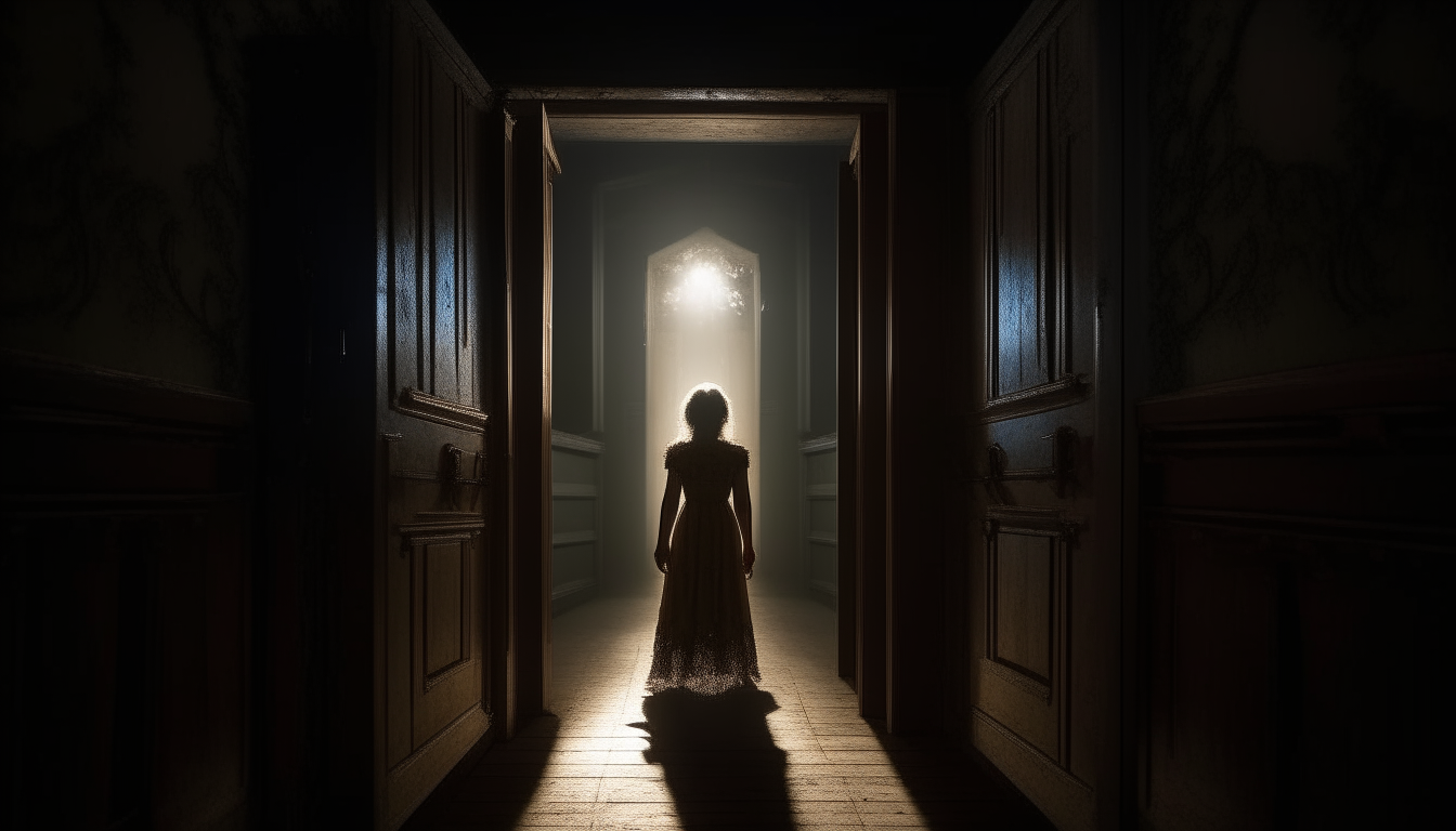 A frightened Sofia standing alone in a long shadowy hallway lit only by moonlight streaming through dusty windows, facing an immense weathered wooden door at the end of the hall