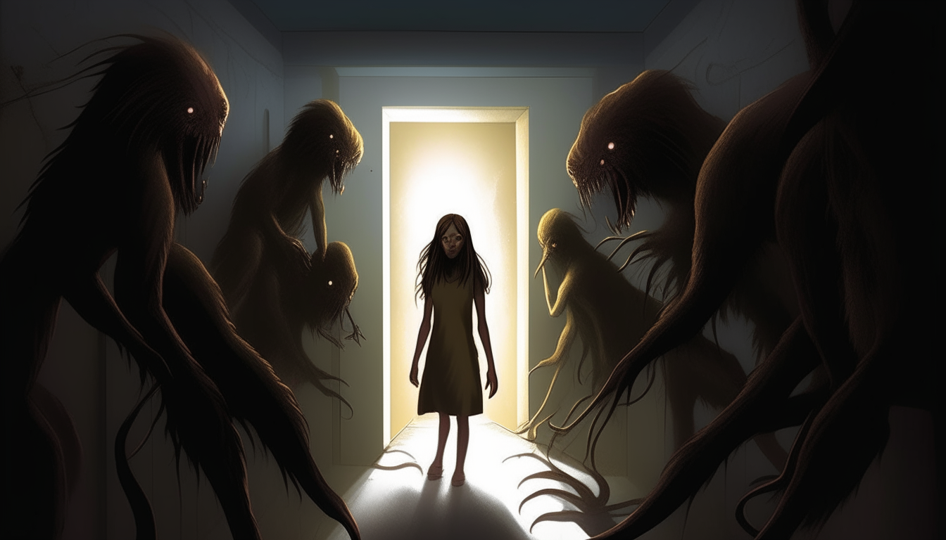 Sofia backed against a wall in a long shadowy hallway, surrounded by grotesque humanoid creatures emerging from the darkness, their misshapen bodies twisting in unnatural ways as they slowly approach with glowing eyes