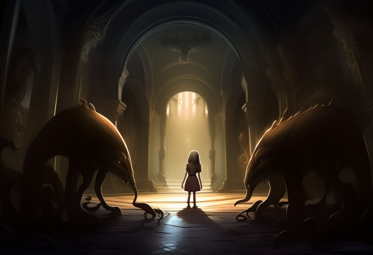 "Illustrate the climax of the story, with Sofia confronted by grotesque, otherworldly creatures emerging from the shadows in the dimly lit, foreboding hall."