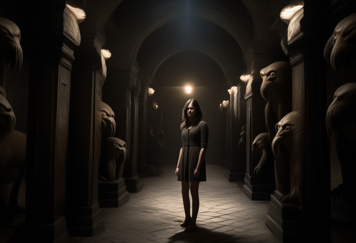 Sofia stands alone in a dimly lit stone hallway, surrounded by grotesque shadowy creatures emerging from the darkness