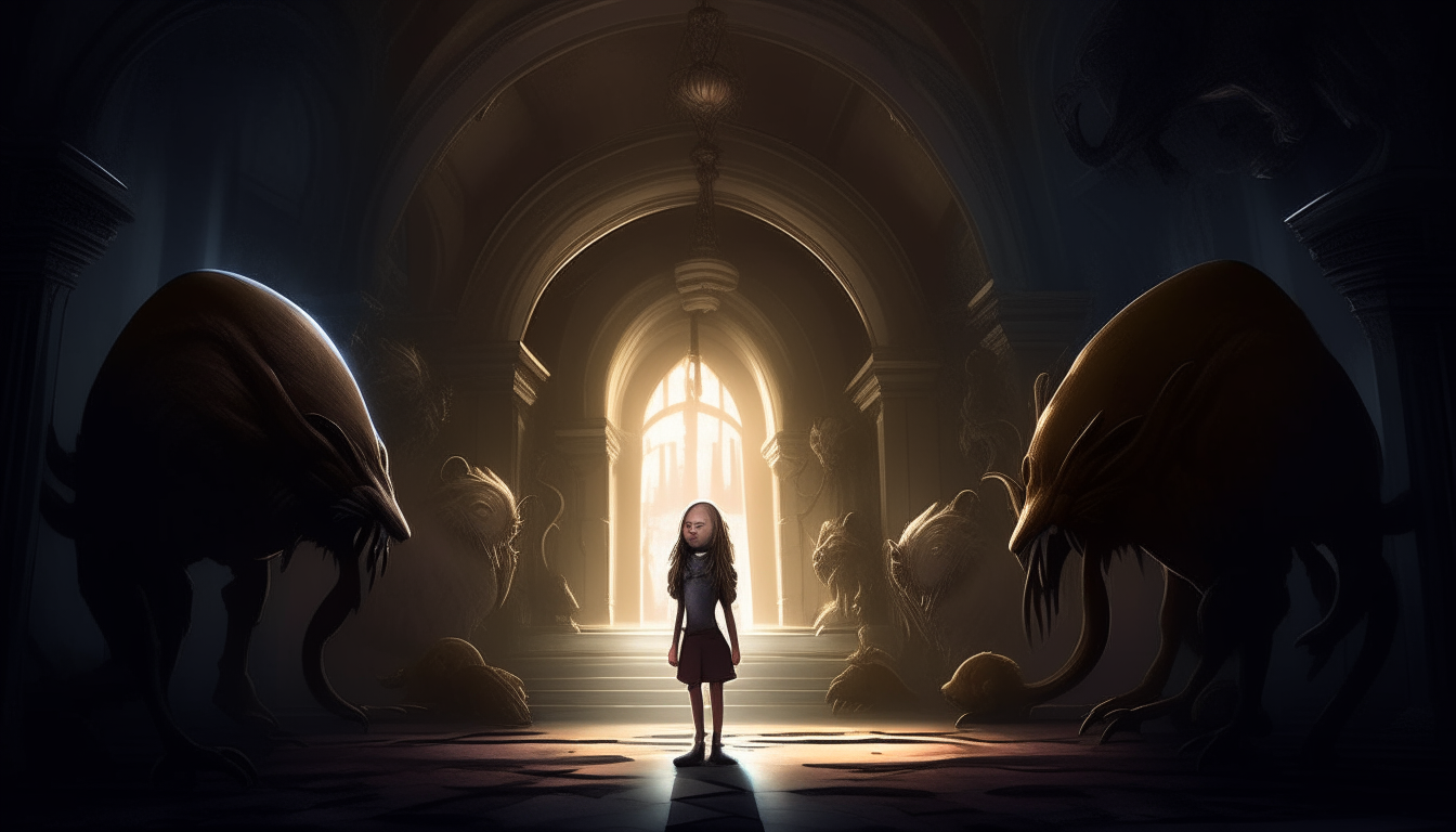 "Illustrate the climax of the story, with Sofia confronted by grotesque, otherworldly creatures emerging from the shadows in the dimly lit, foreboding hall."