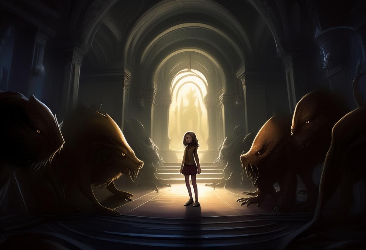 "Illustrate the climax of the story, with Sofia confronted by grotesque, otherworldly creatures emerging from the shadows in the dimly lit, foreboding hall."