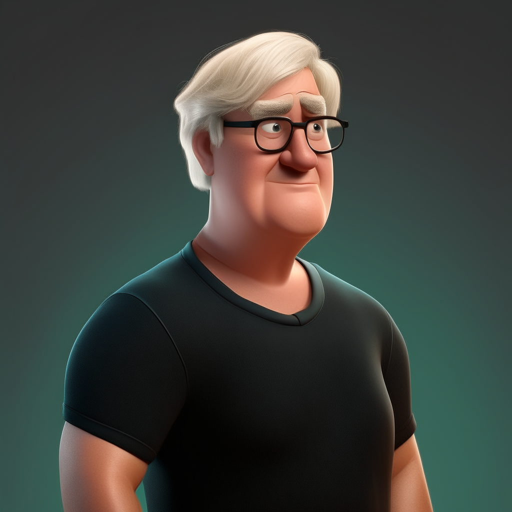 (best quality, 8k, artwork :1.2), hyper-realistic, create a disney style 3D illustration of an animated middle aged man character with glasses standing casually. The character must be wearing a black t-shirt, short hair, combed to the side, blond hair, fair Caucasian skin, lively green eyes, is a little overweight, a very short blond beard, light skin, waving to look, the white background, with the name "Nave Shorts TV" written on the t-shirt,