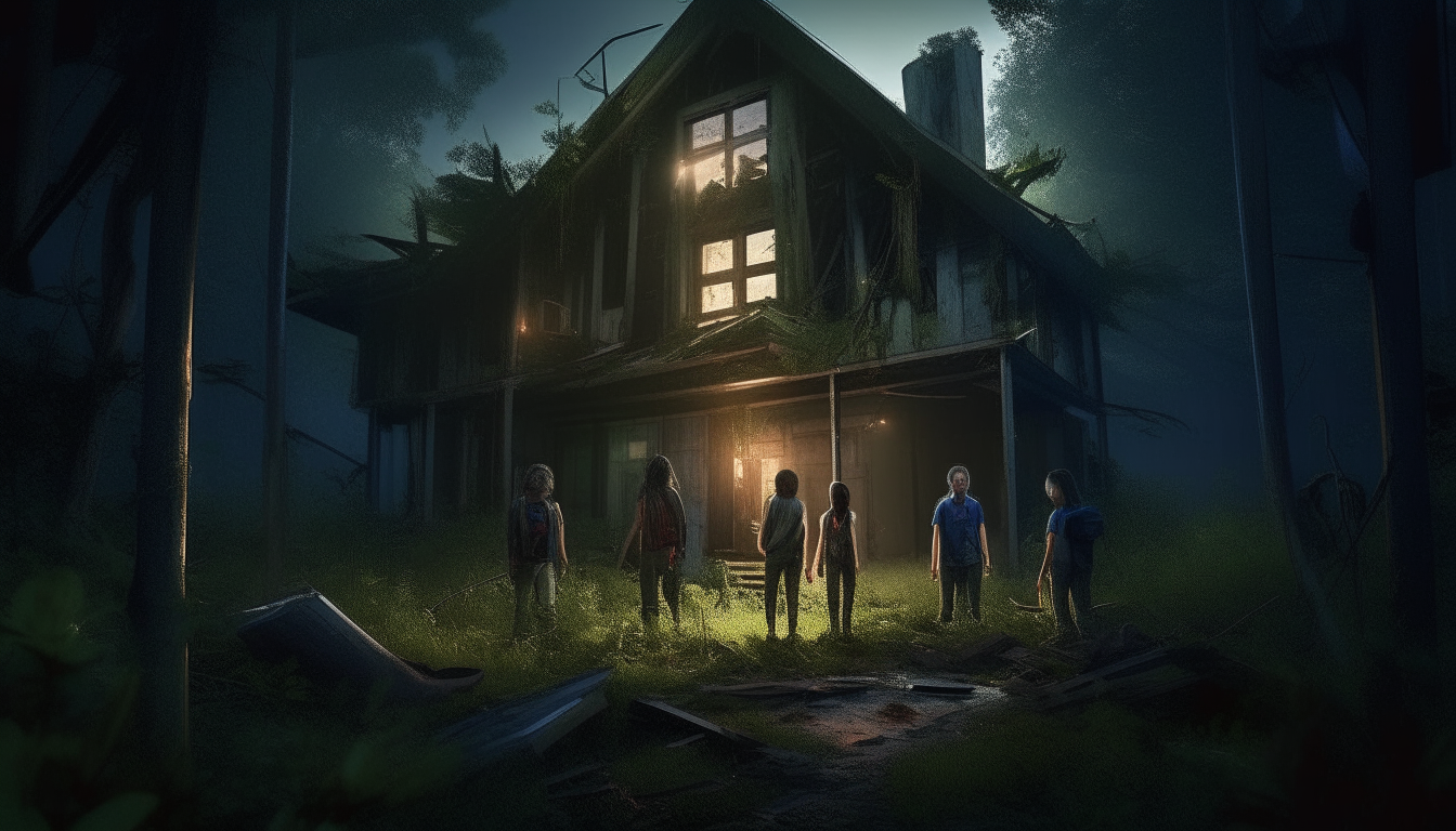 "Generate an image capturing the eerie atmosphere of the abandoned house in the heart of the forest, with its dilapidated structure and broken windows, as a group of young adventurers gathers with flashlights in hand."