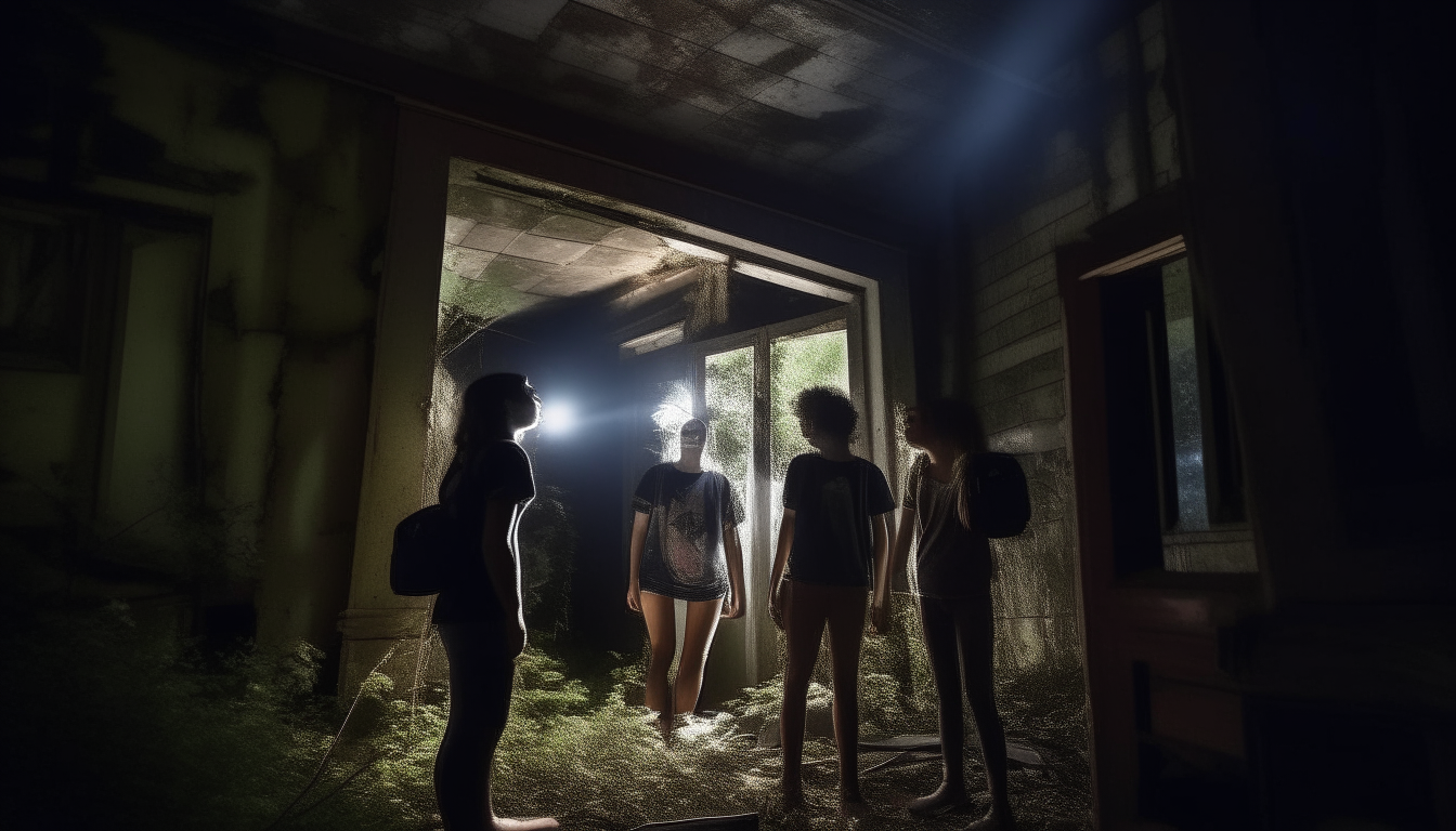 "Generate an image further exploring the eerie atmosphere of the abandoned house in the heart of the forest, with the group of young adventurers investigating inside, flashlights revealing the decaying interior."