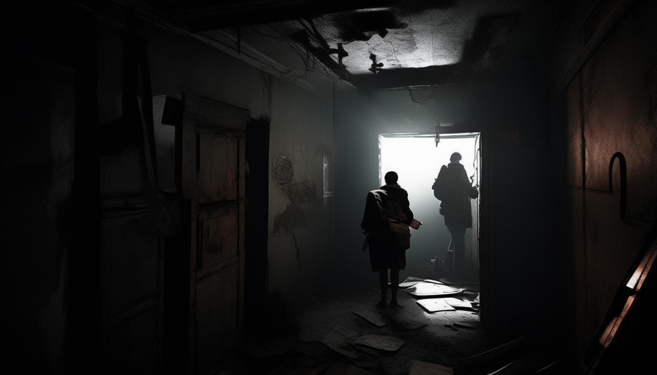 "Create a visual representation of the moment the adventurers enter the dark room, with their flashlights revealing crumbling walls and thick air heavy with mystery and fear."