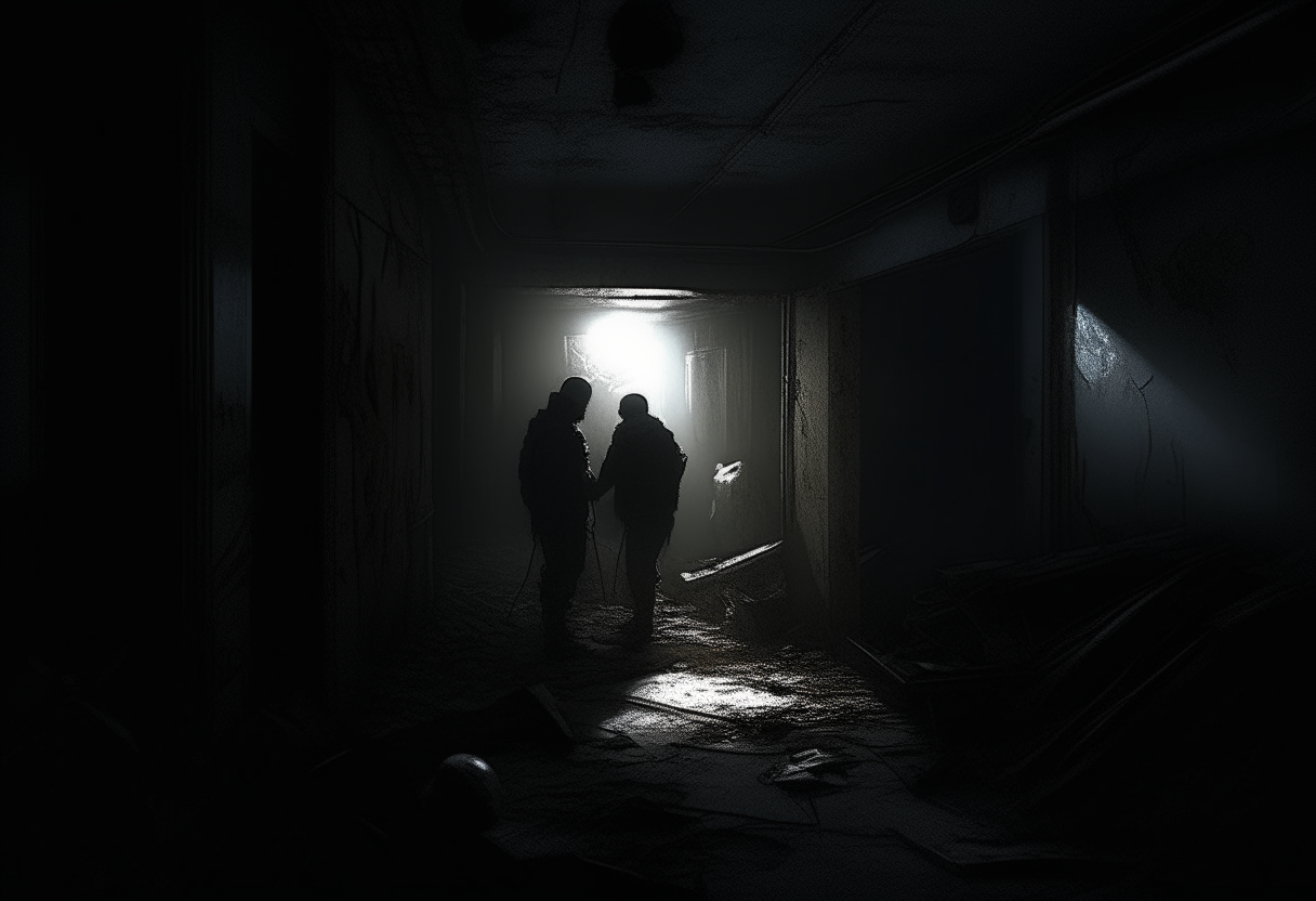 A dark scene envelops the adventurers as their flashlights flicker and die, leaving only the faint outlines of crumbling walls and each other visible in the blackness as a sense of danger creeps in.