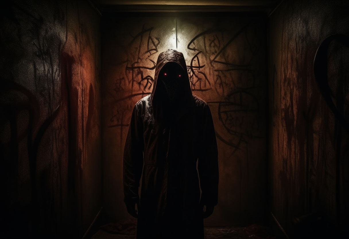 A mysterious figure emerges from the shadows, wearing a terrifying mask and surrounded by cryptic symbols scrawled on the crumbling walls of the blood-stained room, shrouded in an aura of mystery and danger.