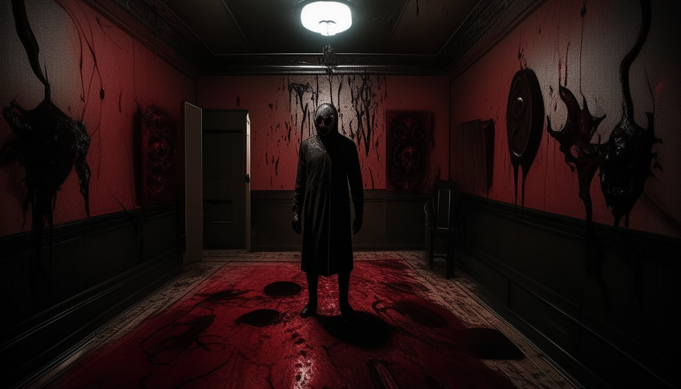 "Capture the suspenseful moment when the mysterious figure in black, wearing a terrifying mask, emerges in the blood-stained room, surrounded by cryptic symbols on the walls."