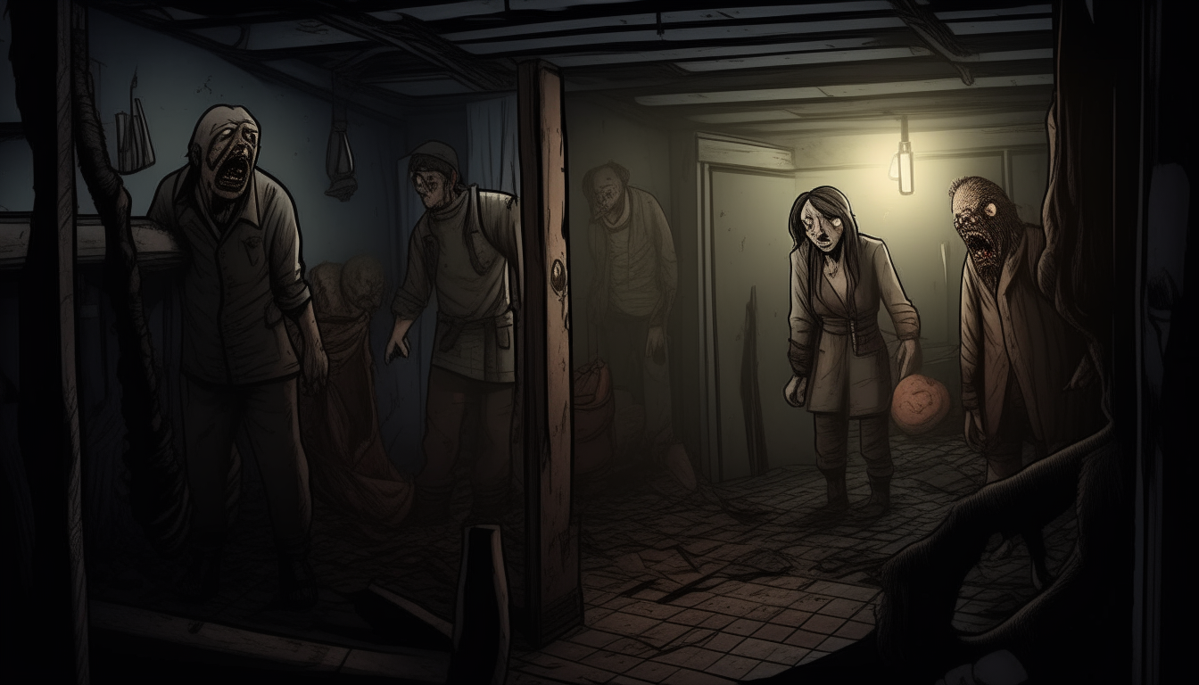 "Create an image depicting the climax as the adventurers find themselves trapped in the dark room, realizing they are prey in a horrifying game with the enigmatic character closing in."