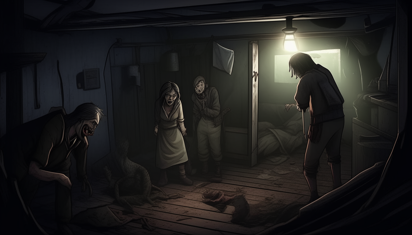 Create an image depicting the climax as the adventurers find themselves trapped in the dark room, realizing they are prey in a horrifying game with the enigmatic character closing in.