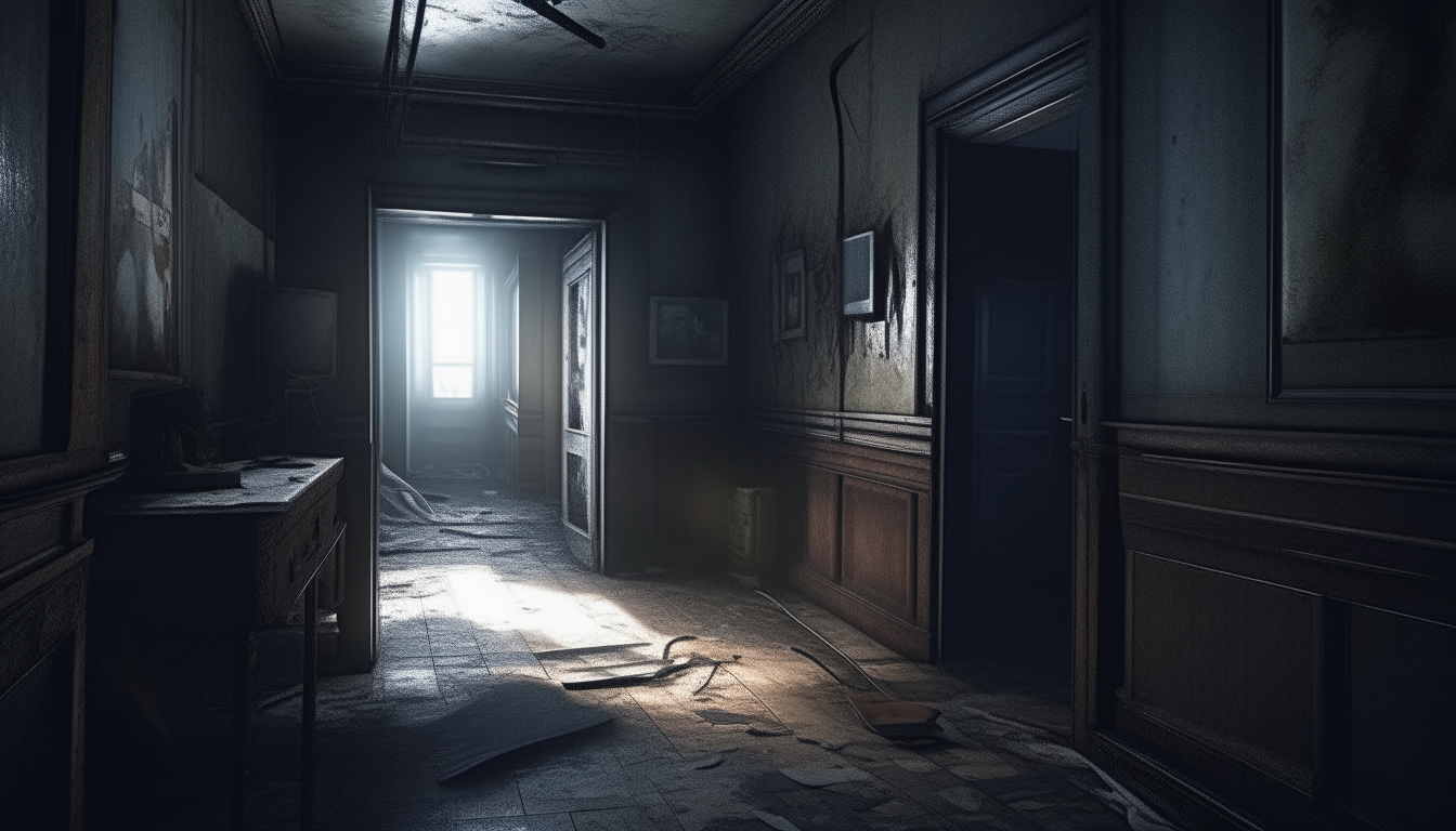 Generate a haunting image portraying the disappearance of the adventurers, with echoes of their terrified screams lingering in the abandoned house's shadowy corridors.