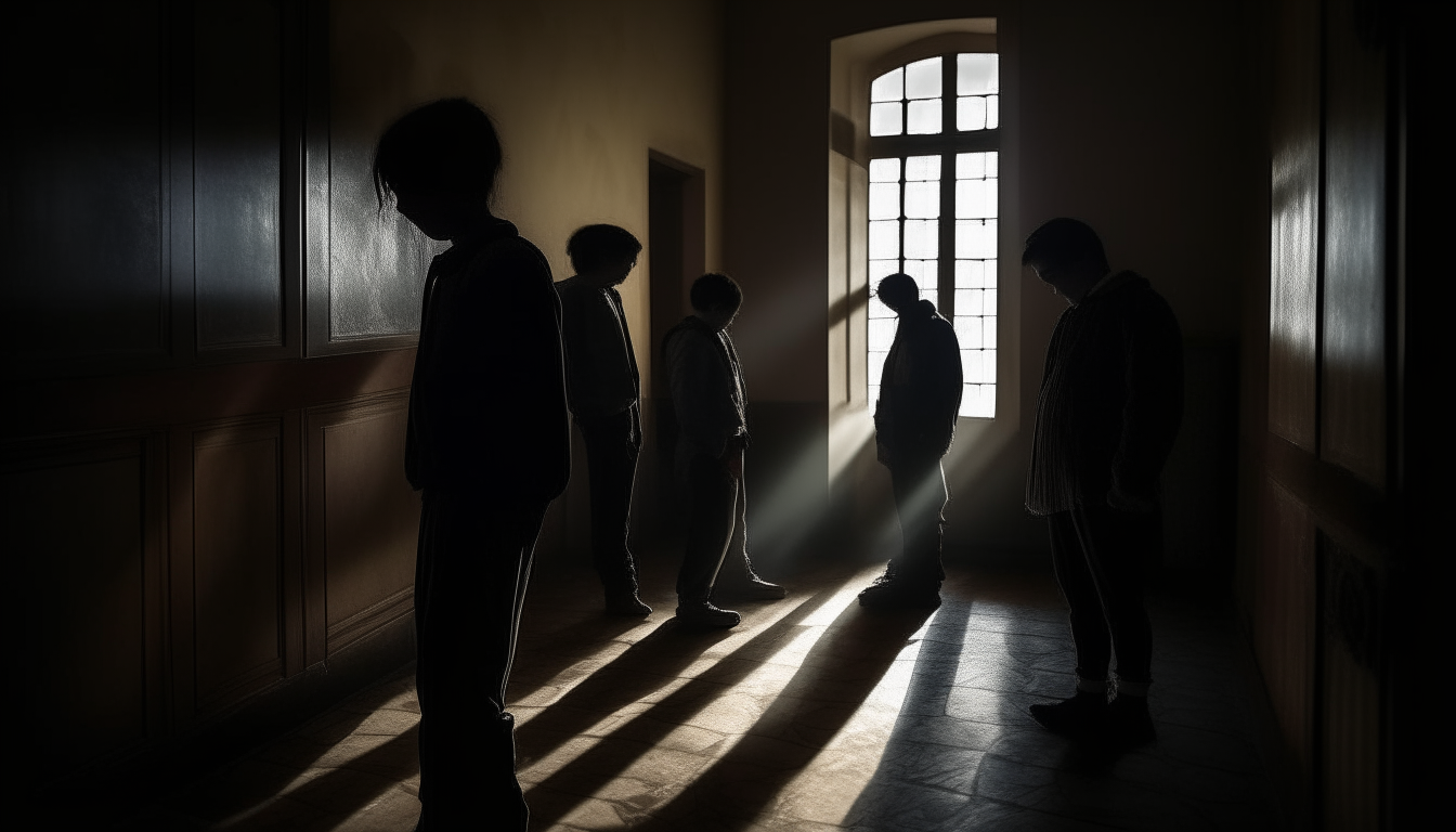 Produce an image that captures the intense moment when shadows overtake the brave young men, leaving behind an echo of the sounds of crying and whispering in the cursed room.
