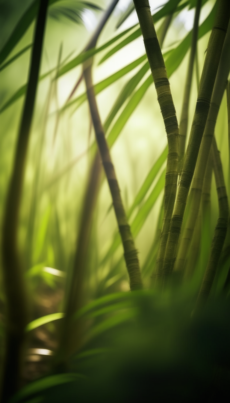 A close-up of bamboo leaves swaying in the wind, forming the vague shape of a Chinese dragon amidst sunlight in a lush bamboo forest