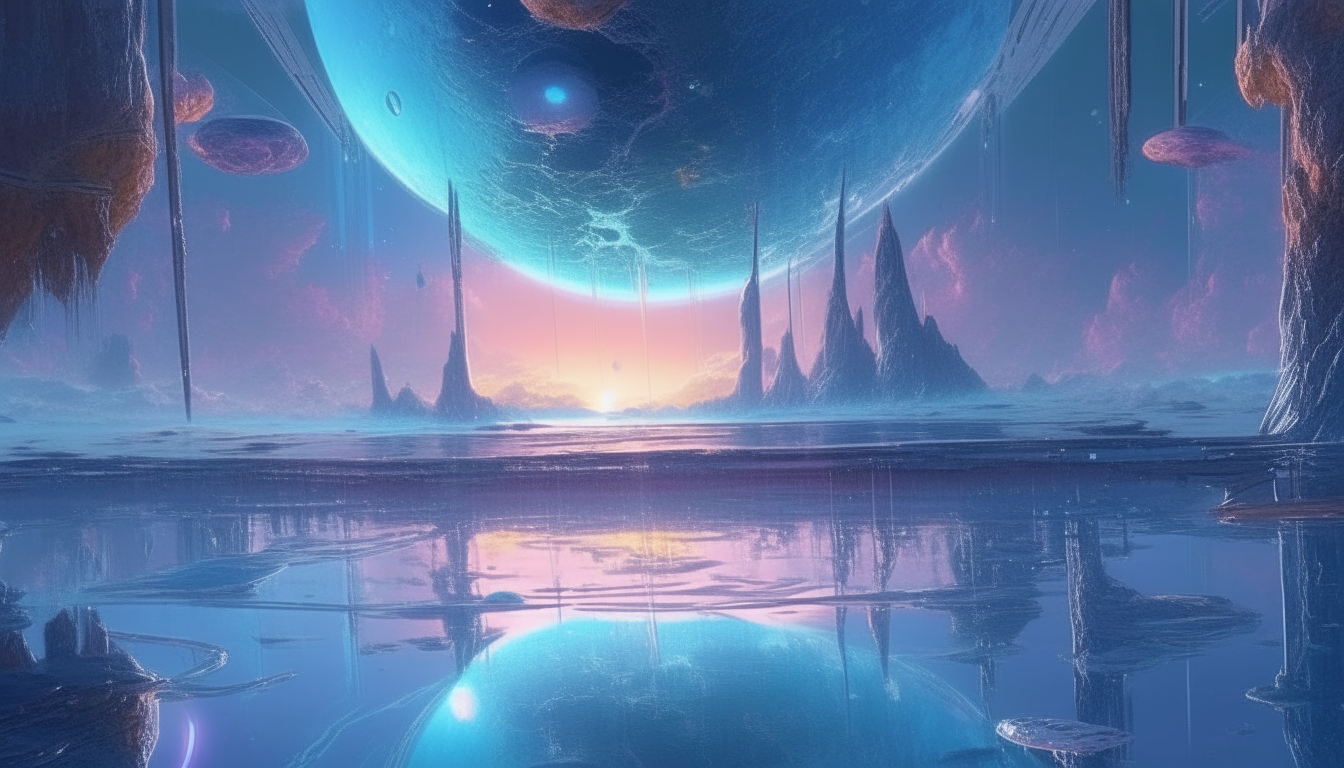 futuristic new world with strange lifeforms emerging from reflective liquid pools, cosmic sky above, highest level intricate details, 4K quality, sci-fi anime style, out painting