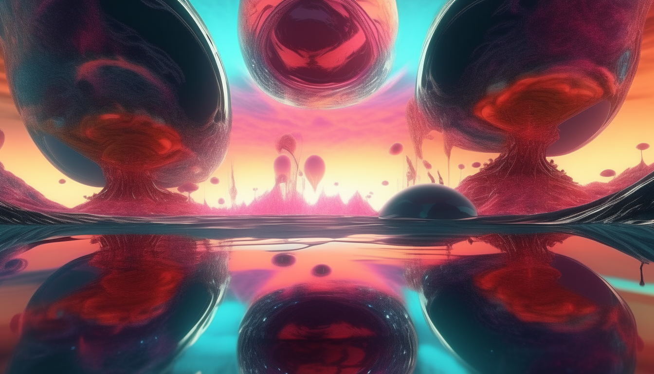 alien life forms emerging from a reflective liquid pool on the surface of a futuristic new world, colourful cosmic sky above, computer generated art, 16:9 aspect ratio, highest level of intricate details, 4k quality, sci-fi fantasy style