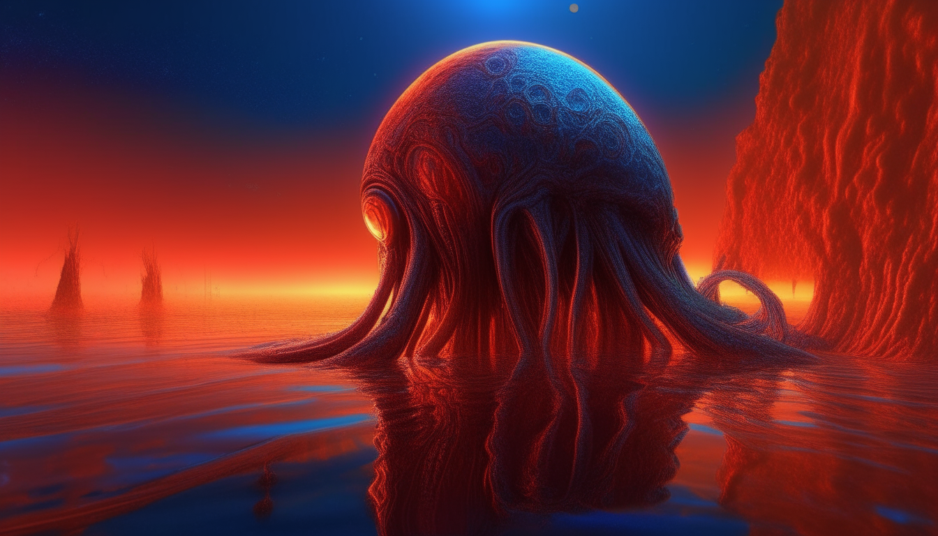 a highly detailed alien lifeform with tentacles emerging from a reflective orange liquid pool on an alien planet, with a red and blue cosmic sky in the background, digital art, 16:9 aspect ratio, extremely intricate details, 4k quality, sci-fi fantasy style