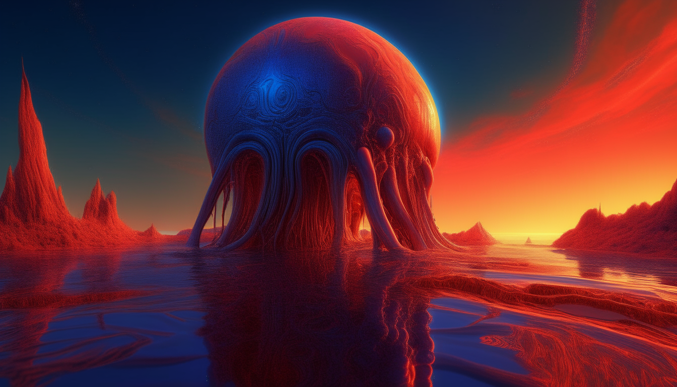 a highly detailed alien lifeform with tentacles emerging from an intricately detailed reflective orange liquid pool on an alien planet, with a red and blue cosmic sky in the background, digital art, 16:9 aspect ratio, extremely intricate details, 4k quality, sci-fi fantasy style