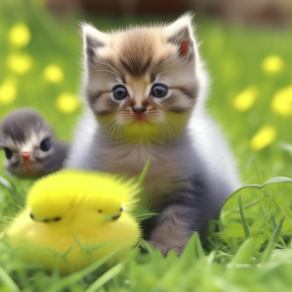 A little charming kitten plays with yellow chicks on the lawn