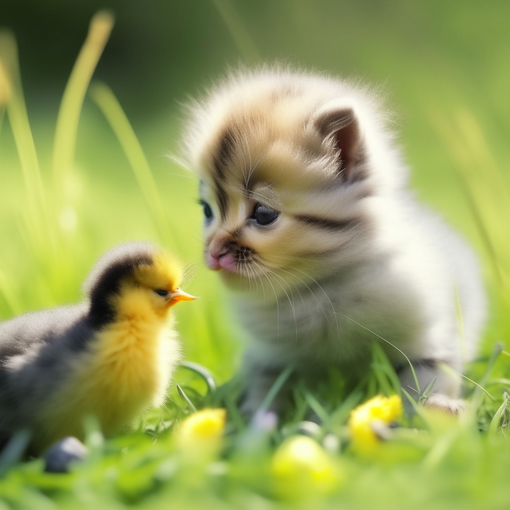 a tiny kitten playing with fluffy yellow chicks in soft green grass on a sunny afternoon