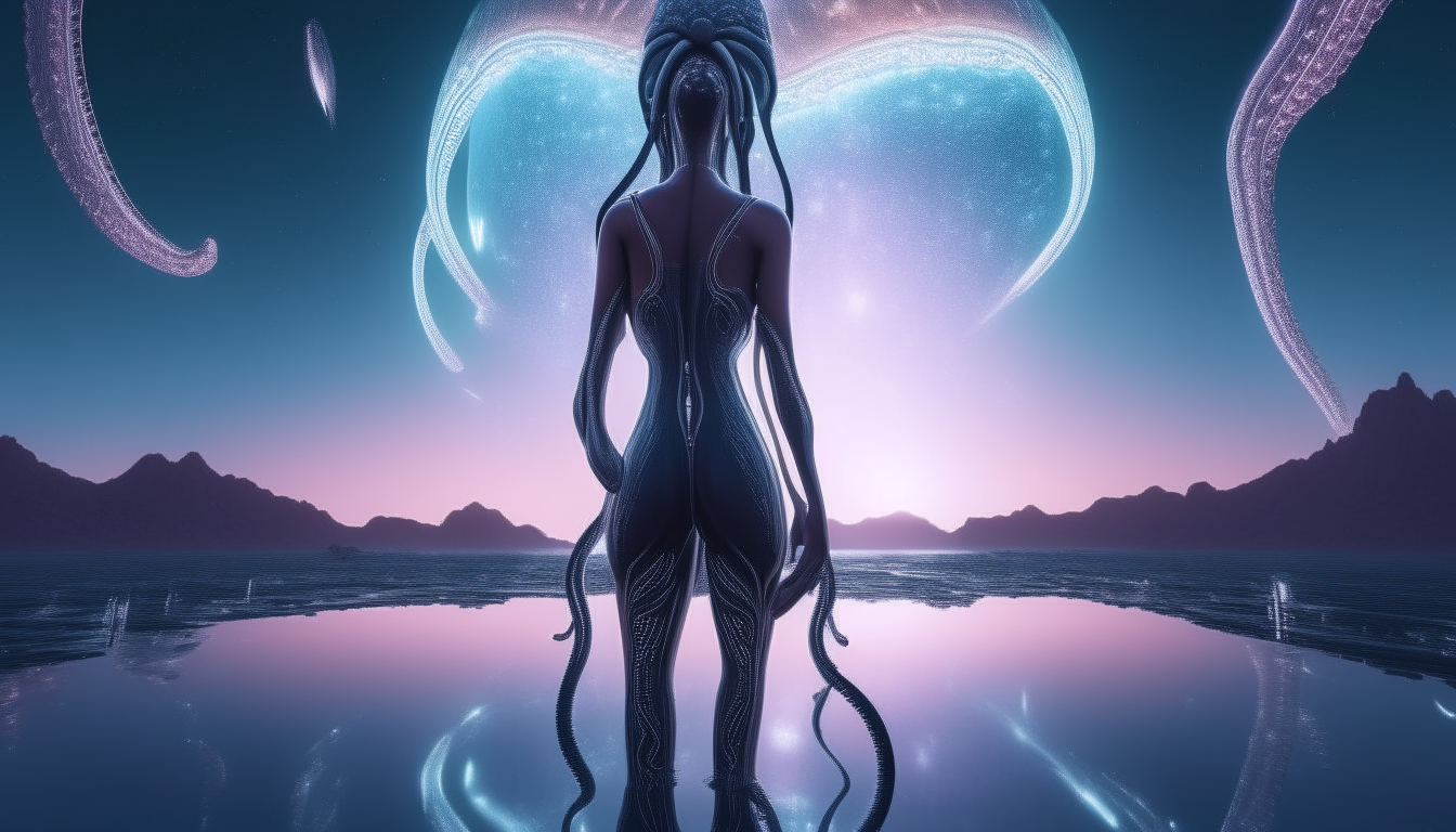 a beautiful alien goddess with tentacles emerging from a reflective liquid pool on the surface of a futuristic planet stretching into the distance, stary night sky above, 16:9 aspect ratio, highly intricate details, 4k quality, computer generated art, sci-fi fantasy style