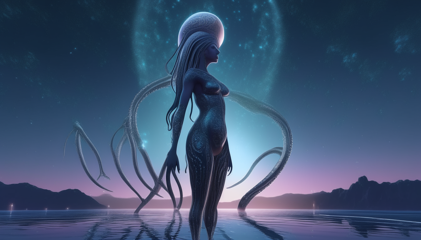 an intricately detailed alien goddess with long flowing tentacles emerging from a highly reflective liquid pool on the surface of a futuristic planet stretching into the distance, under a starry night sky, 16:9 aspect ratio, extremely intricate details, 4k quality, computer generated art, sci-fi fantasy style