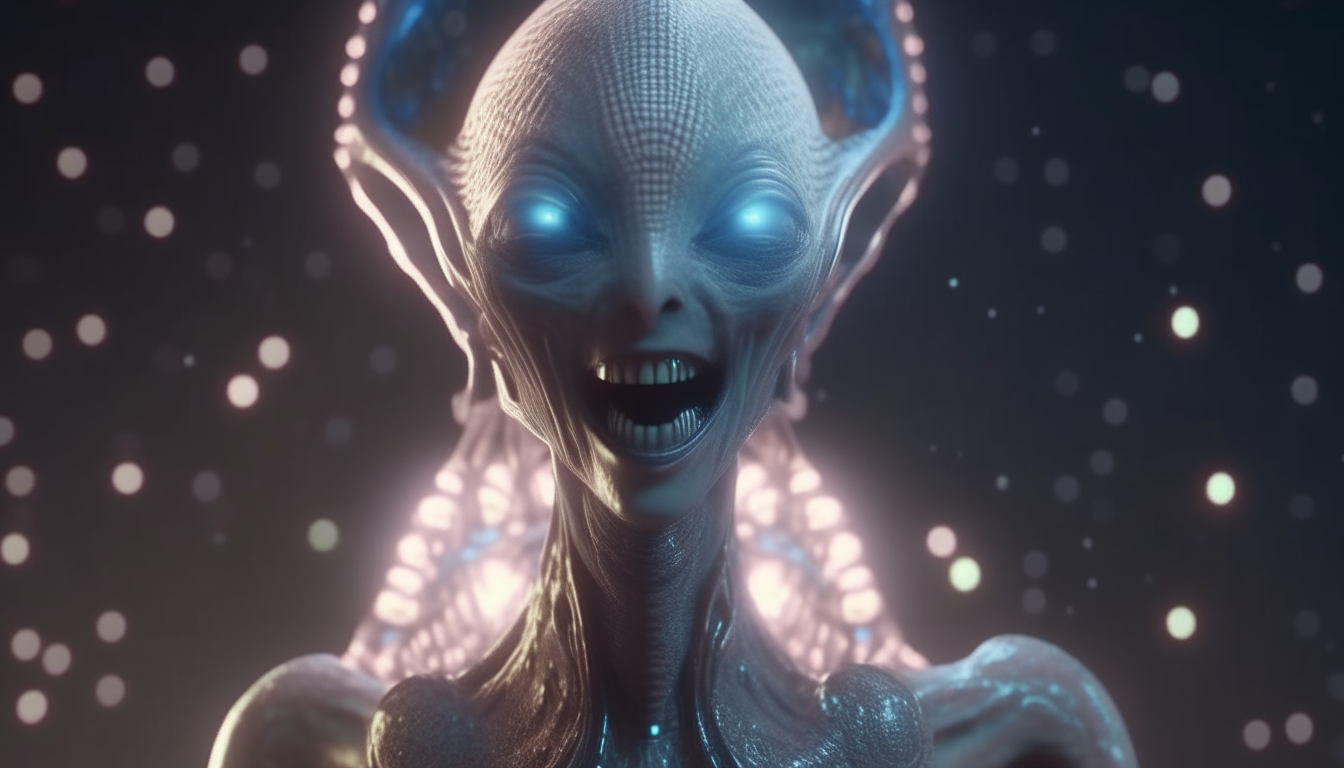 an alien goddess with detailed alien skin, glowing eyes, opening her mouth with glowing orbs floating from her open mouth into outer space, sci-fi fantasy style, highly detailed, 4k quality