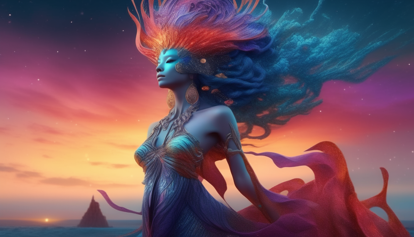 Highly colorful waves of the cosmos surrounding a beautiful alien goddess wearing an elaborate headdress and gown, intricate details, photorealistic 4k rendering, sci-fi fantasy style, wide landscape format