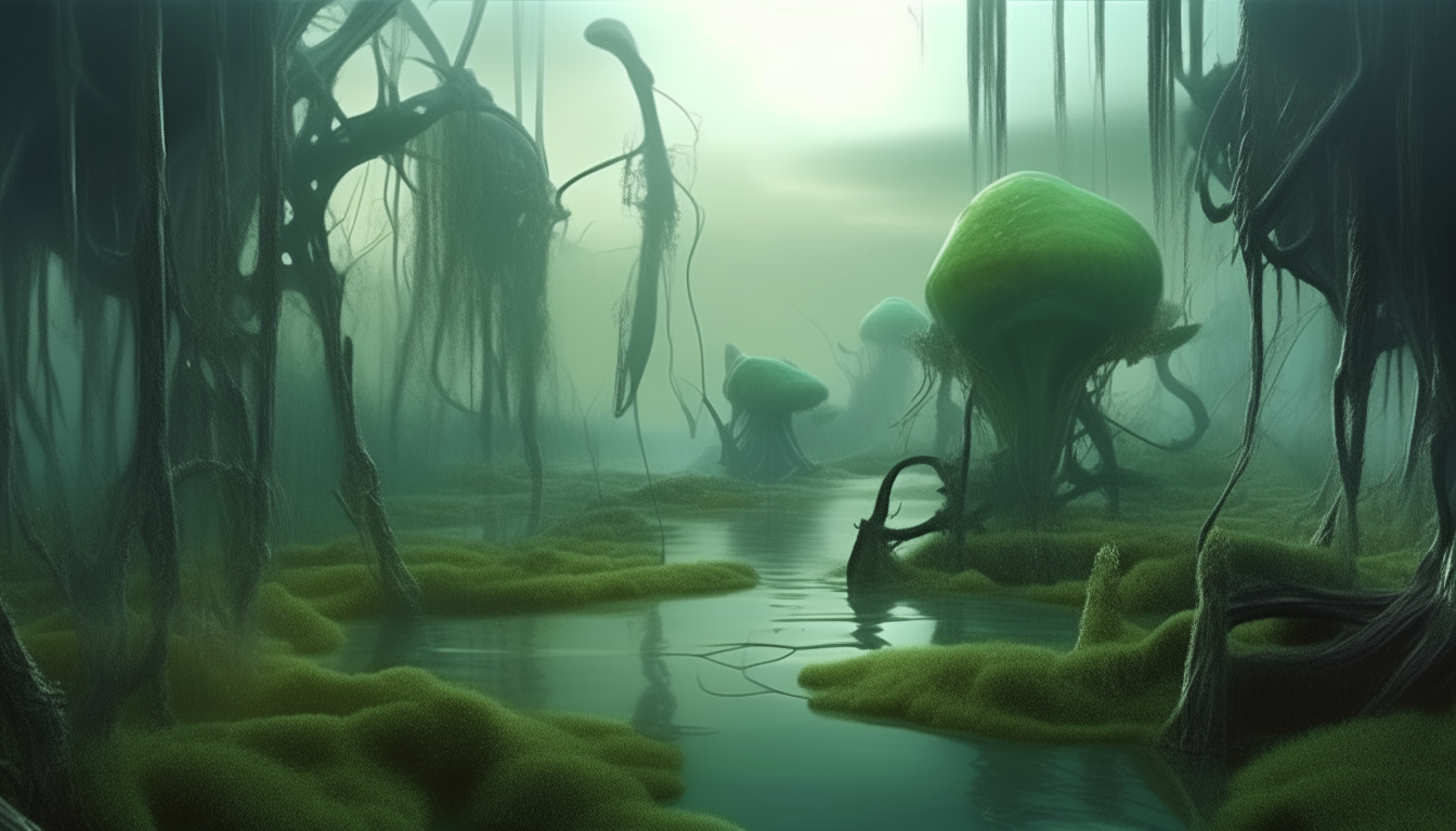 A strange new alien world with a mysterious swamp land, alien creatures emerging from the swampy green waters, intricate details, photorealistic style, sci-fi fantasy landscape