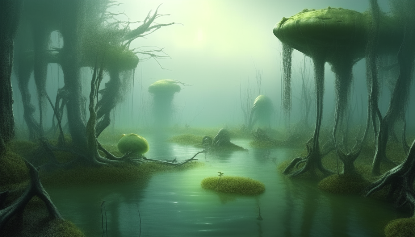 a strange alien swamp world, with detailed alien creatures emerging from green swamp waters, photorealistic style, sci-fi fantasy landscape, widescreen format