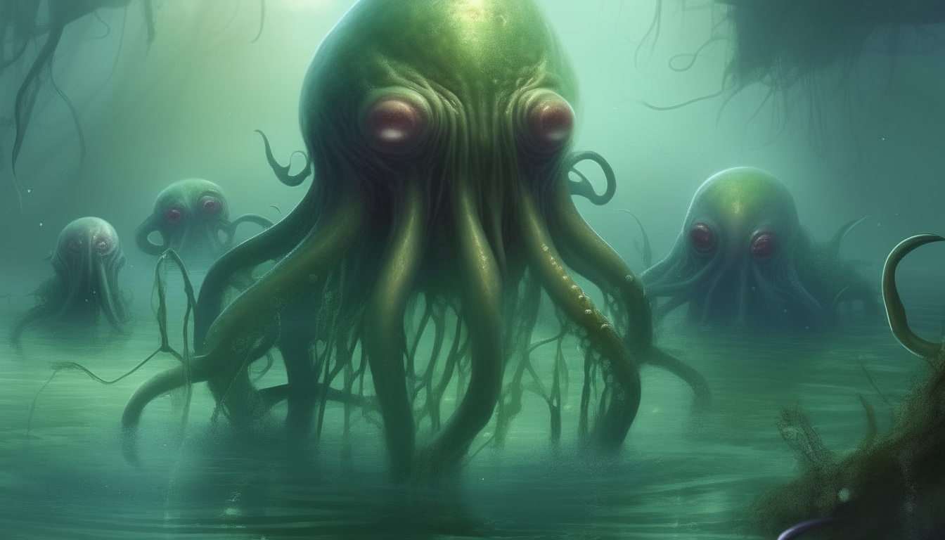 Strange alien creatures with tentacles emerging from a swampy pool of green water, photorealistic style