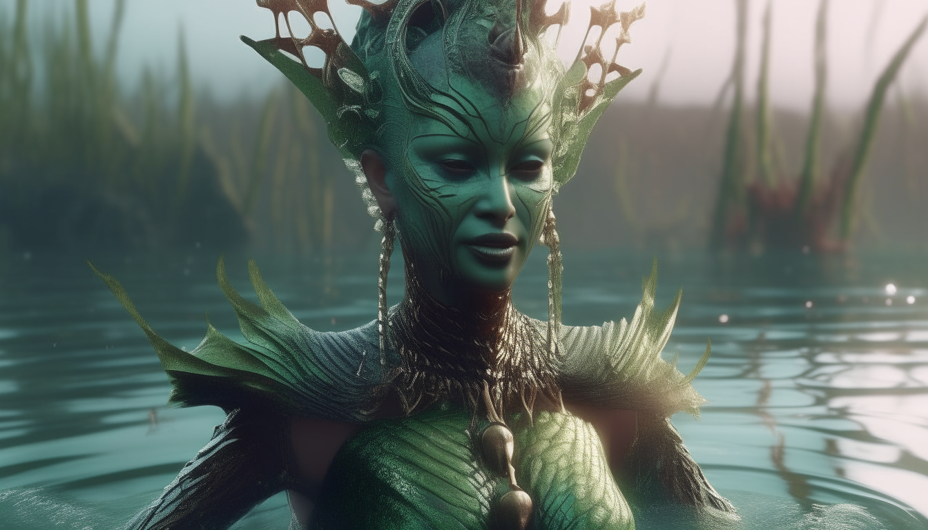 An alien warrior goddess with an elaborate headdress emerging from a swamp of green water, intricate details, photorealistic 4K rendering, sci-fi fantasy style, wide landscape format