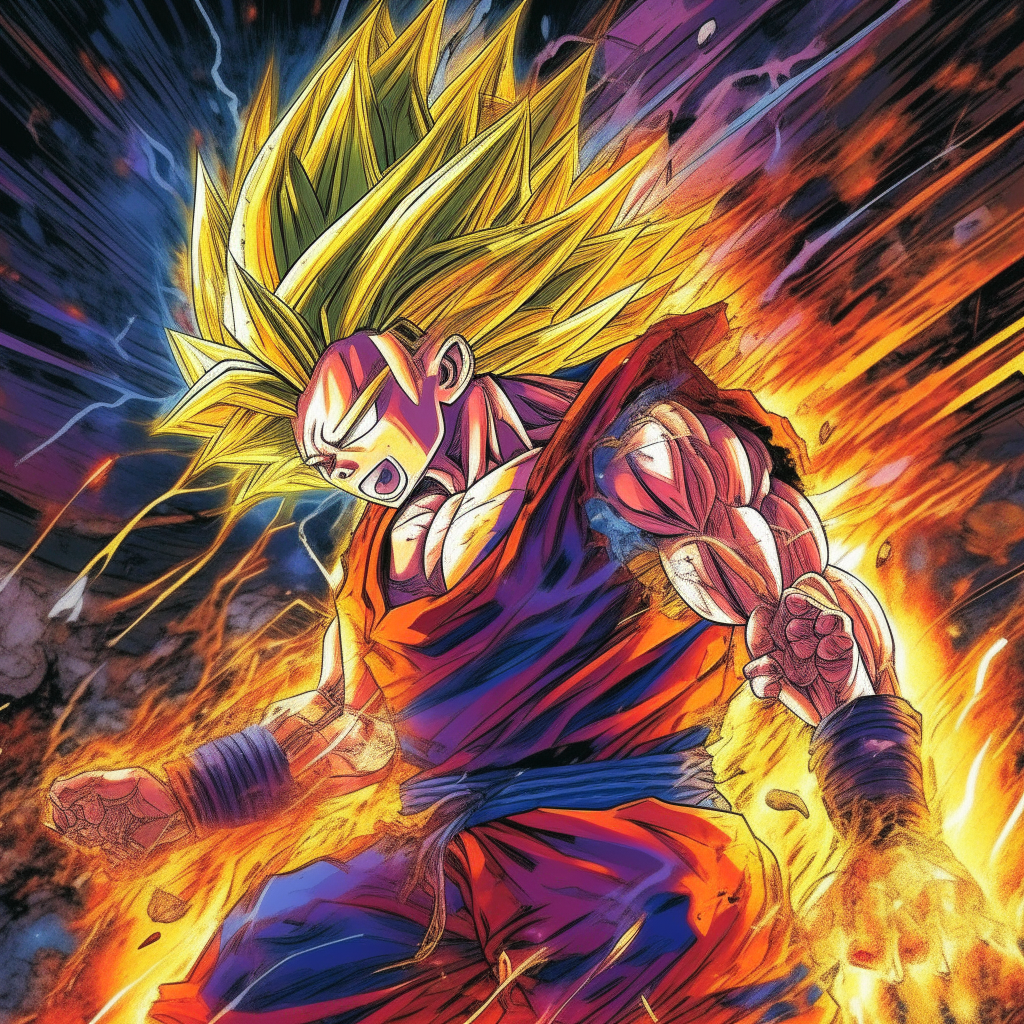 A powerful and half-machine superhuman, reminiscent of characters from the anime series Dragon Ball Z, comes to life through the art style of Akira Toriyama and toyatoro. This visually stunning image, possibly a manga or Key Visual artwork, showcases the striking details of the super saiyan's electrifying presence. The combination of brilliant colors and intricate linework creates a mesmerizing depiction, capturing the essence of both the character's immense strength and the artistic mastery behind this exceptional image.

