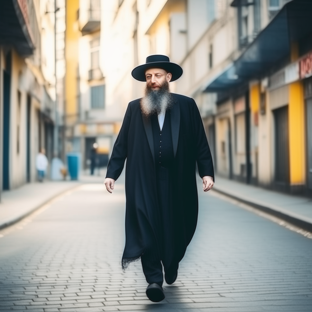 HASSIDIC MAN WALK ON STREET. BSKET IN HIS HANDS