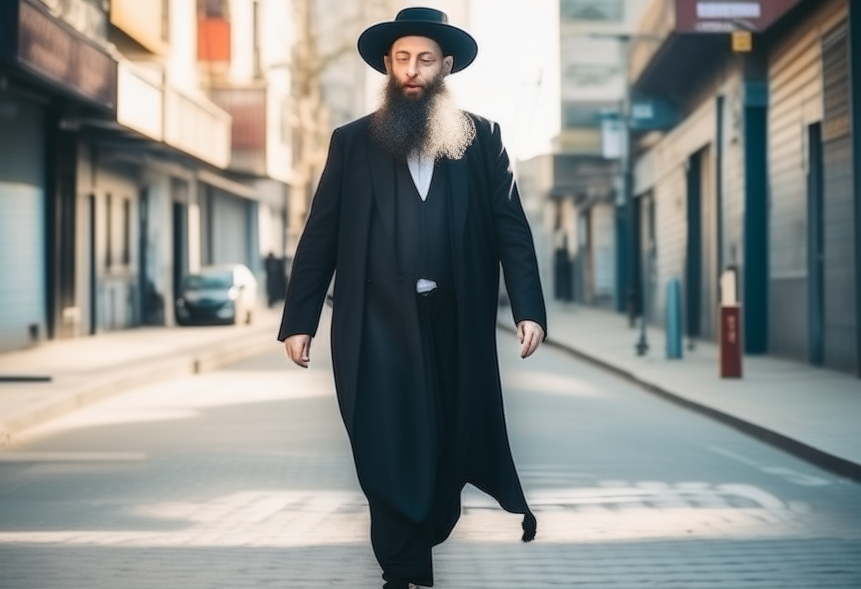 HASSIDIC MAN WALK ON STREET. BSKET IN HIS HANDS