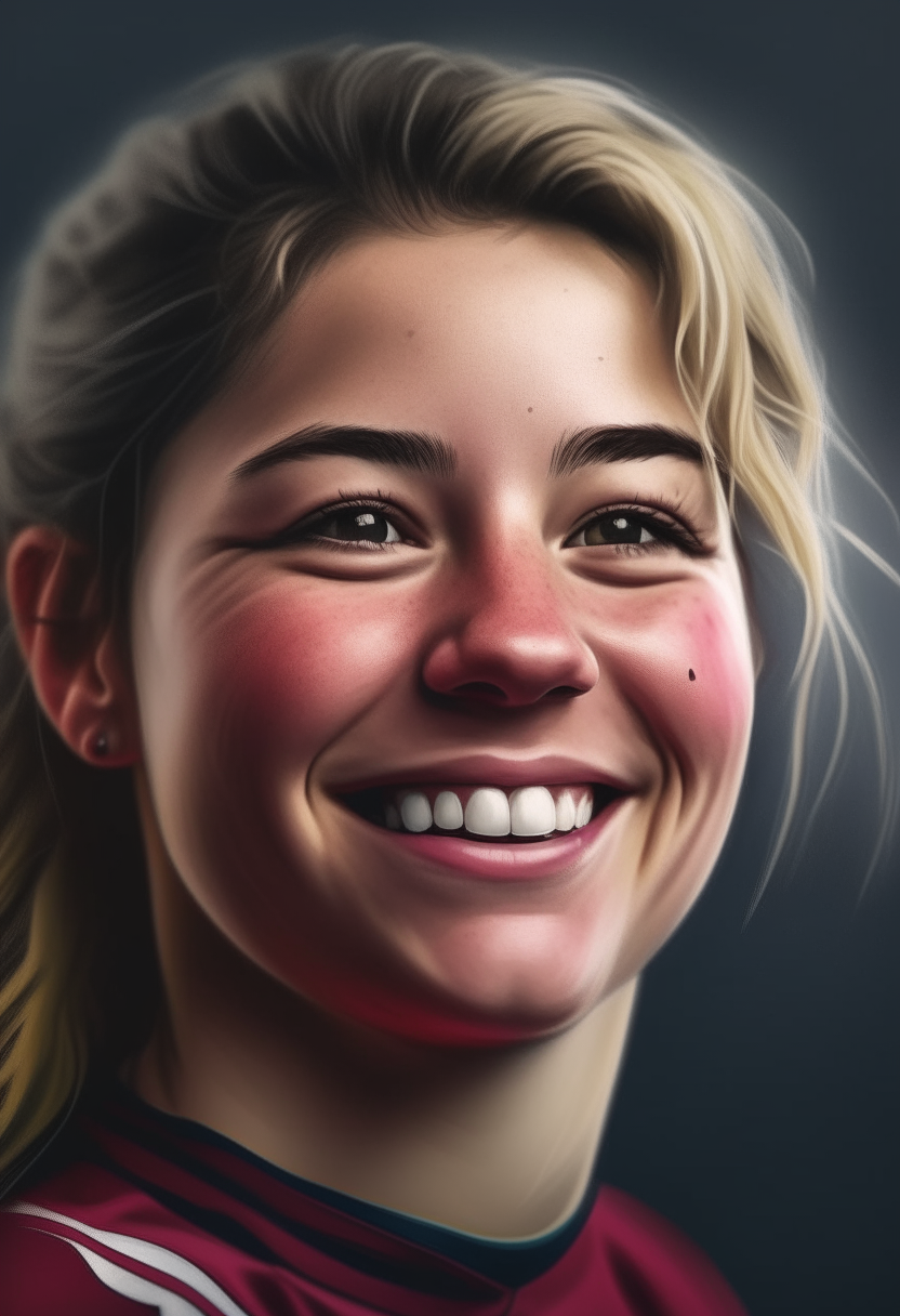 A close-up portrait of a female rugby player wearing team colors, smiling, photorealistic style