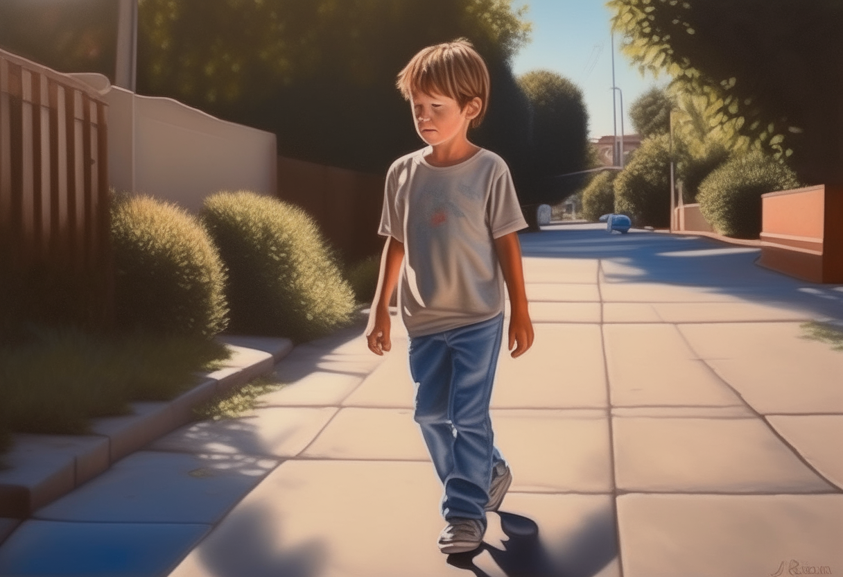 a boy walking down a sidewalk on a sunny day, photorealistic portrait