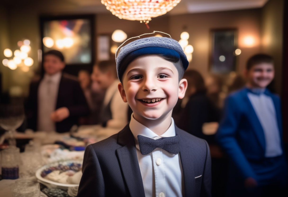 A boy in a dark suit standing in front of a decorated hall, surrounded by family and friends at his Bar Mitzvah celebration. The boy is smiling and looks happy with a kippah on his head. Behind him are tables with food and decorations in the hall.