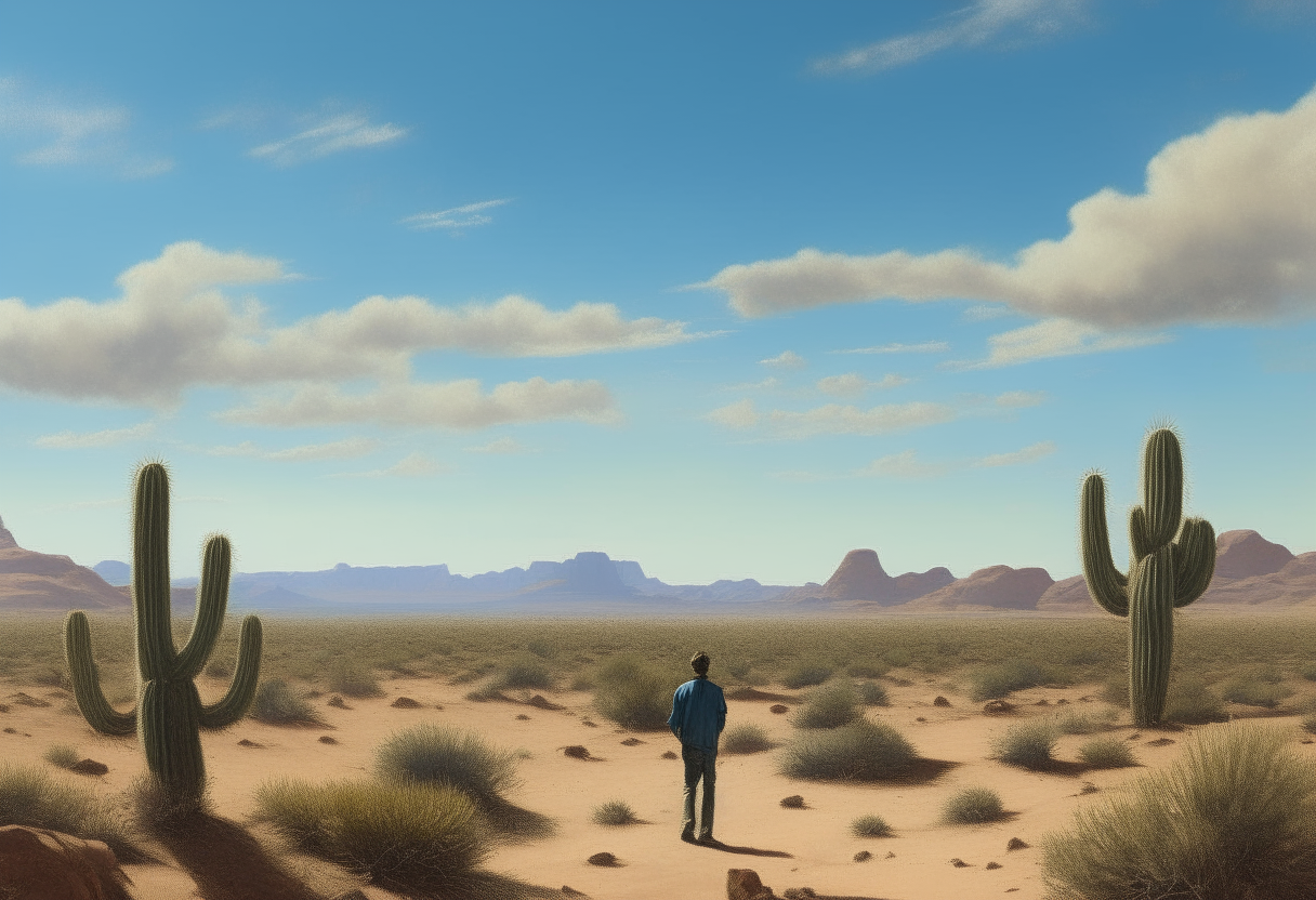A vast desert landscape under a blue sky. In the distance a small figure of a man can be seen walking along the horizon line. Cacti and rocks dot the sandy expanse. The man is in profile with his back to the viewer.