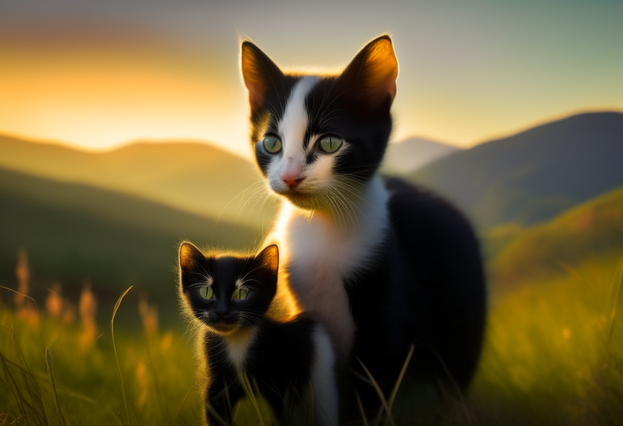 A Photograph of a vigilant cat, sleek and black with piercing yellow eyes, delicately carrying a tiny, fluffy white kitten by the scruff of its neck. The cat exudes a protective aura, standing on a vibrant green meadow bathed in the warm glow of the setting sun. The background features a serene landscape with rolling hills and a hint of distant mountains. The evening light casts long shadows, emphasizing the bond between the feline duo. (Taken on: High-quality DSLR camera, f/2.8 aperture, 1/500 shutter speed)