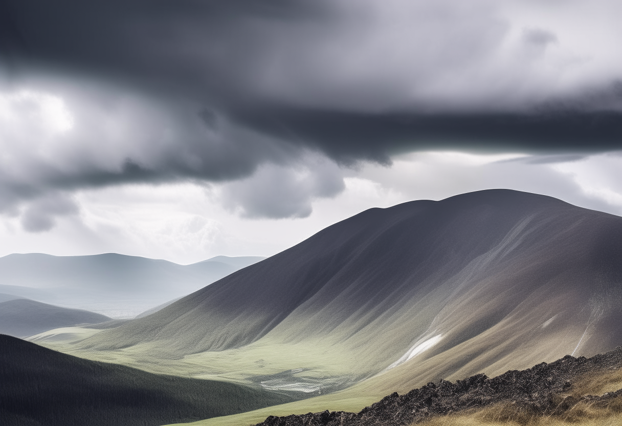 A windswept mountain peak overlooking a valley, with storm clouds gathering in the distance