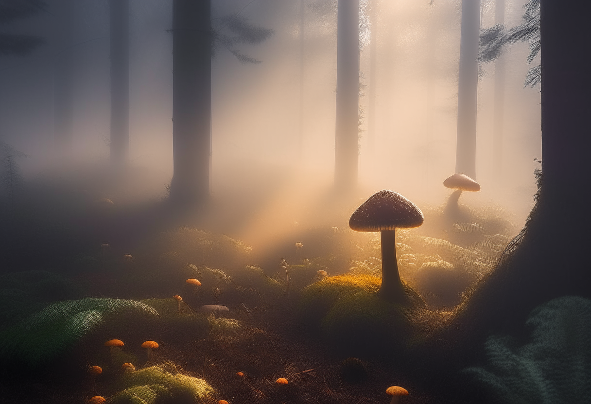 A misty forest clearing with tall trees and mushrooms glowing in the dusk